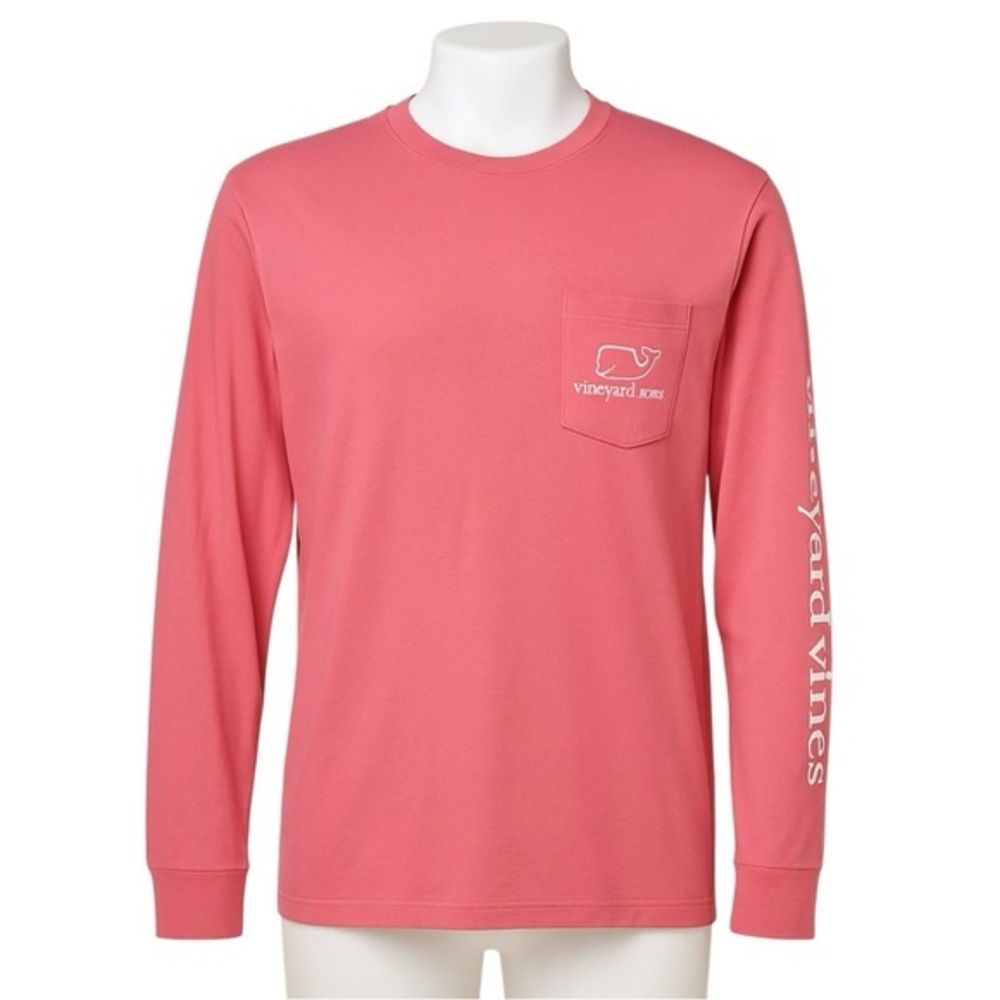 Vineyard Vines Men’s Long Sleeve Pocket T-Shirt Whale Logo Coral Pink Size Small